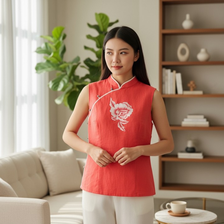 Áo sơ mi nữ tàu viền lé, thêu hoa hồng màu Cà rốt viền trắng